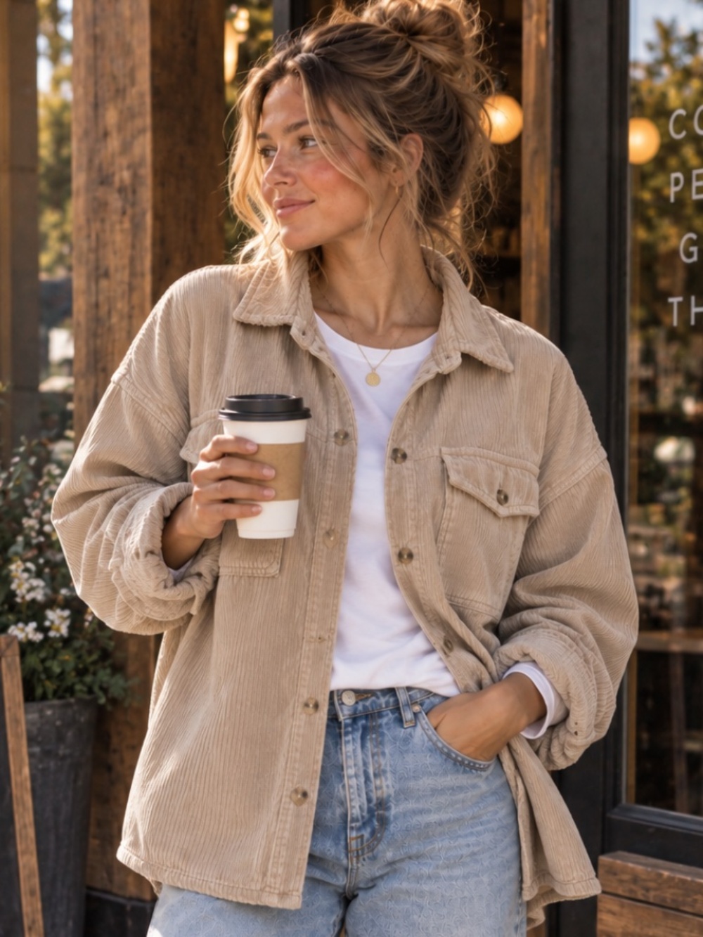 Beige Corduroy Shacket M | Oversized Granola Girl Shirt Jacket